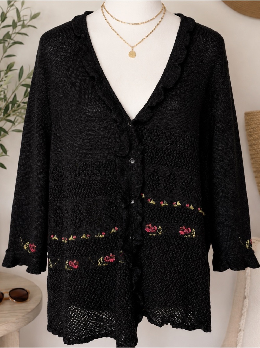 Vintage Studio Woman 1X Black Ramie Rayon Ruffle Floral Cardigan Cottagecore